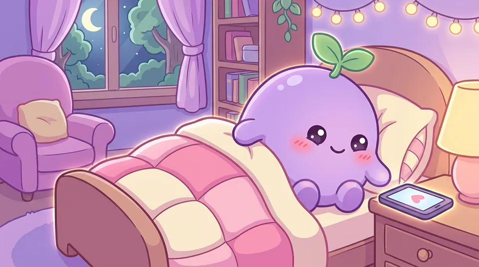 A phone glowing softly on a nightstand with a tiny heart while the dreamling smiles from bed