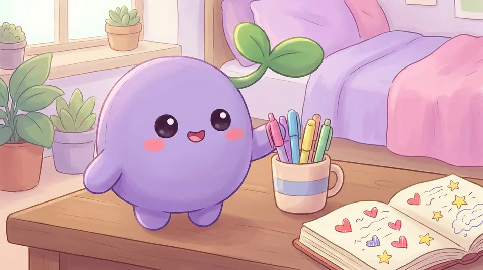 The dreamling choosing from a cup of colourful pens beside a doodled journal