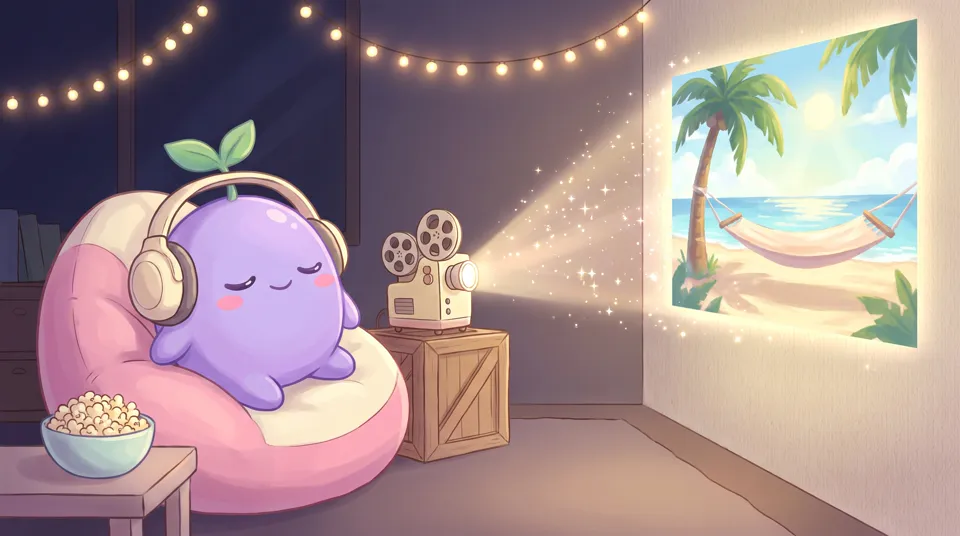 The dreamling on a beanbag while a projector beams a sunny beach onto the wall