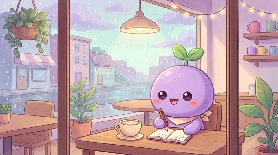 The dreamling with a latte and an open journal by a rainy café window