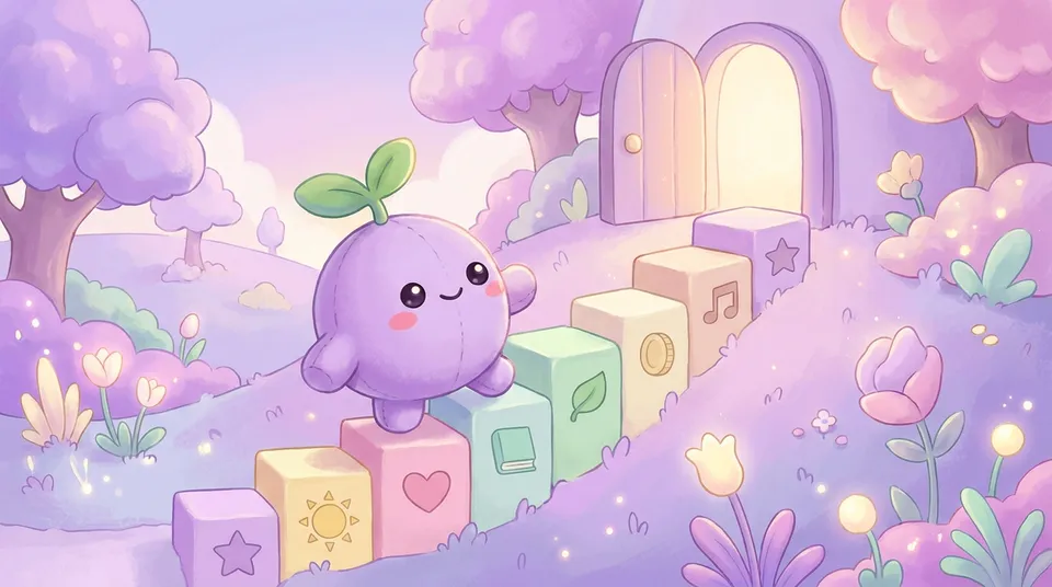 The dreamling climbing seven pastel blocks with small symbols toward a glowing door