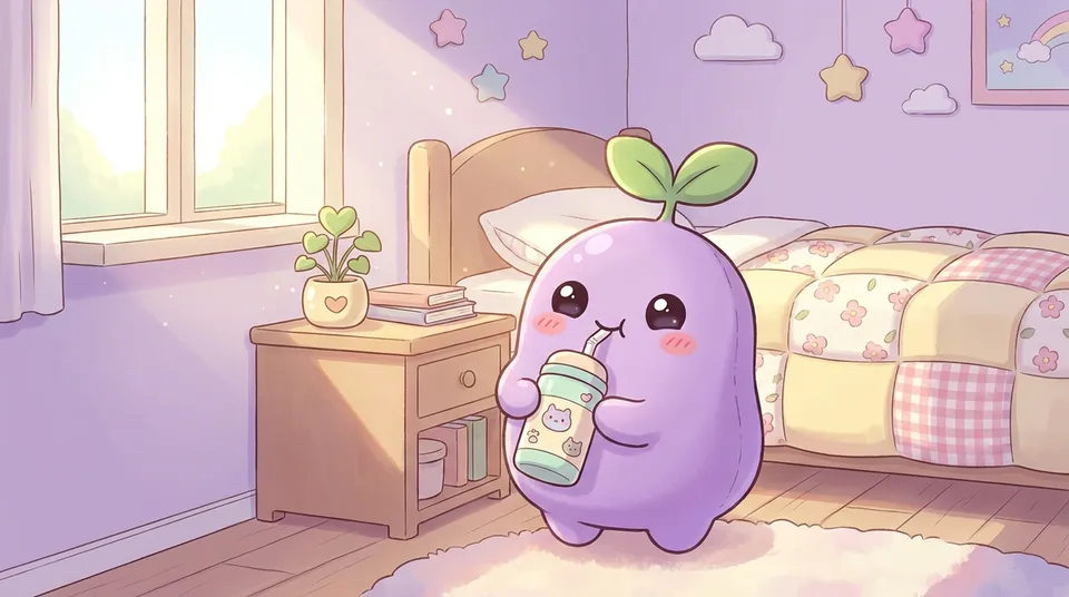 The dreamling drinking from a cute water bottle beside a neatly made bed in morning sun