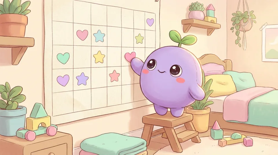 The dreamling adding a heart sticker to a thirty-square calendar full of hearts and stars