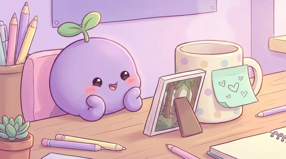 A small photo propped against a mug beside a sticky note, the dreamling gazing at it