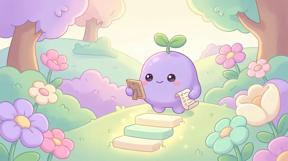 The dreamling holding a photo and a tiny checklist at the bottom of three glowing steps