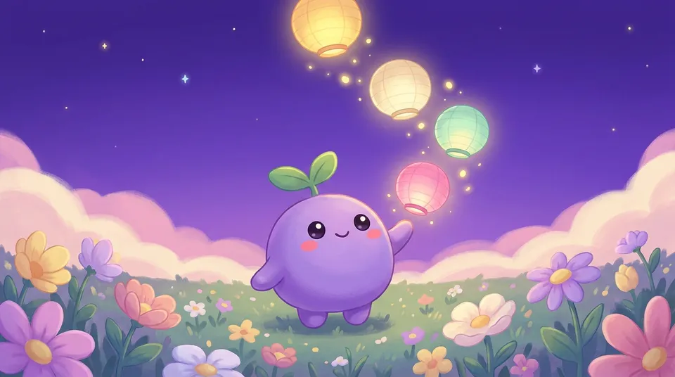 Four small glowing paper lanterns rising one after another from the dreamling's hands